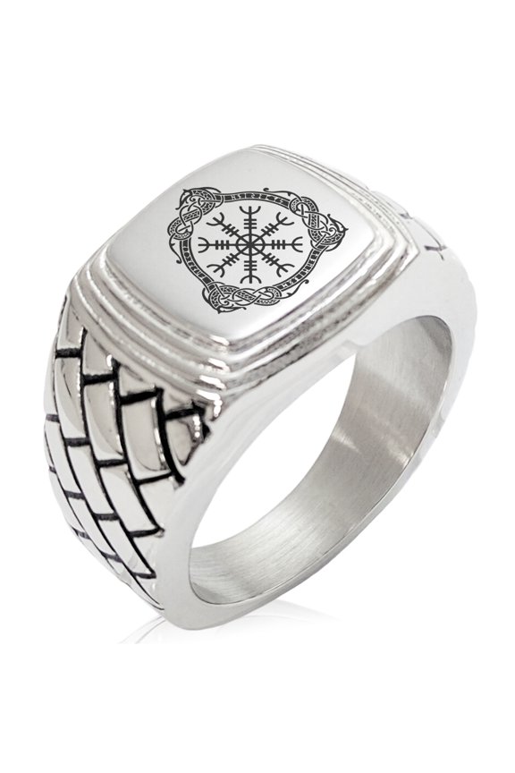 Stainless Steel Aegishjalmur Awe & Terror Helm Viking Rune Geometric Pattern Step-Down Biker Style Polished Ring