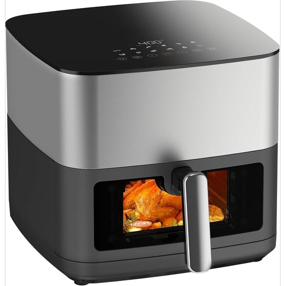 Stainless Steel Air Fryer 9 Quart - Airfryer XXL with Large Viewing Window, Dual Heating Elements, 12-in-1 Function to Roast, Bake, Broil, Defrost, Reheat, Dishwasher-Safe Parts, 1700W, Siver