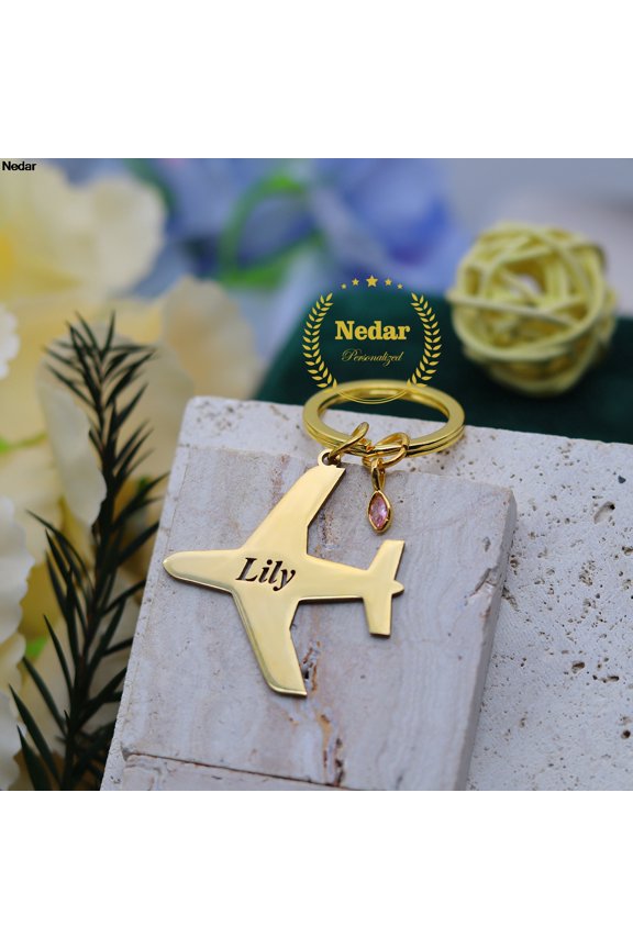 Stainless Steel Aircraft Custom Name Airliner Captain Flight Attendant Keyring Customized Airplane Birthstone Keychain