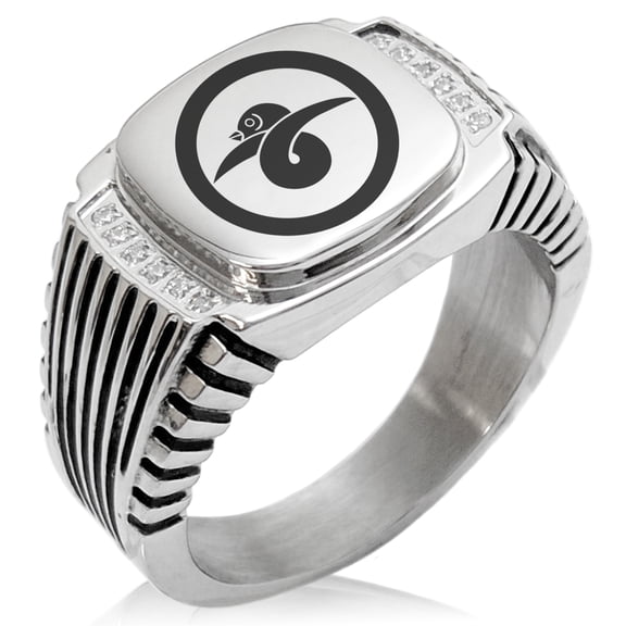 Stainless Steel Akai Samurai Crest CZ Ribbed Needle Stripe Pattern Biker Style Polished Ring