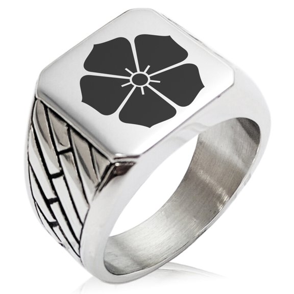 Stainless Steel Akechi Samurai Crest Geometric Pattern Biker Style Polished Ring