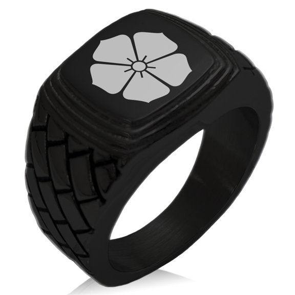 Stainless Steel Akechi Samurai Crest Geometric Pattern Step-Down Biker Style Polished Ring