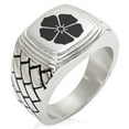 thumbnail image 1 of Stainless Steel Akechi Samurai Crest Geometric Pattern Step-Down Biker Style Polished Ring, 1 of 1