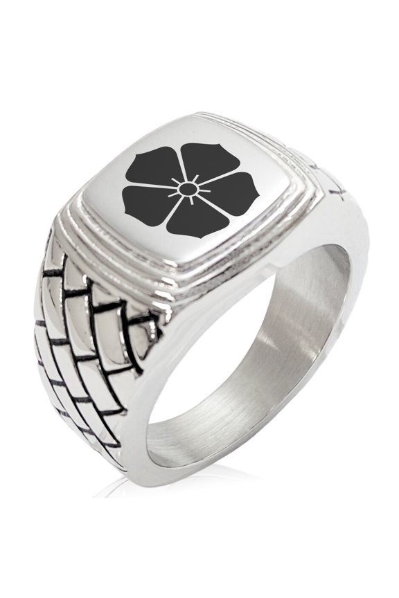 Stainless Steel Akechi Samurai Crest Geometric Pattern Step-Down Biker Style Polished Ring