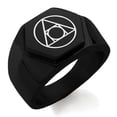 thumbnail image 1 of Stainless Steel Alchemy Engraved Hexagon Crest Flat Top Biker Style Polished Ring, 1 of 1