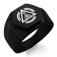 thumbnail image 1 of Stainless Steel Alchemy Magic Rune Engraved Hexagon Crest Flat Top Biker Style Polished Ring, 1 of 1