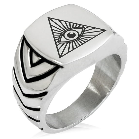 Stainless Steel All Seeing Eye Chevron Pattern Biker Style Polished Ring