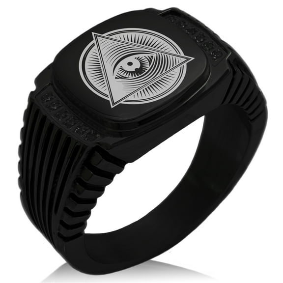 Stainless Steel All Seeing Eye Emblem CZ Ribbed Needle Stripe Pattern Biker Style Polished Ring