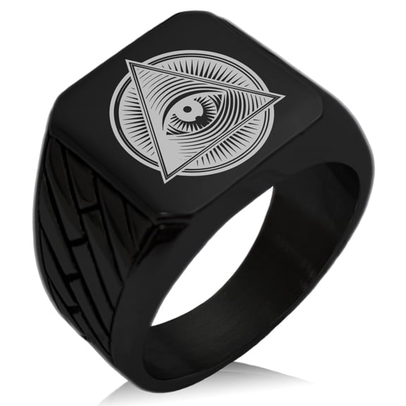 Stainless Steel All Seeing Eye Emblem Geometric Pattern Biker Style Polished Ring