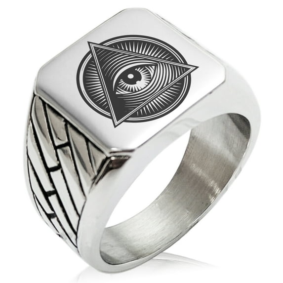 Stainless Steel All Seeing Eye Emblem Geometric Pattern Biker Style Polished Ring
