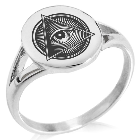 Stainless Steel All Seeing Eye Emblem Minimalist Oval Top Polished Statement Signet Ring