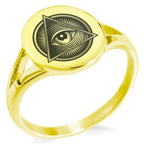 Stainless Steel All Seeing Eye Emblem Minimalist Oval Top Polished Statement Signet Ring