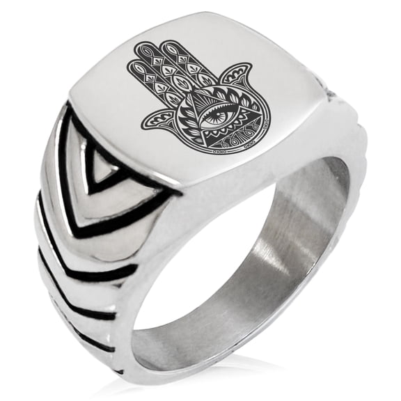 Stainless Steel All Seeing Eye Hamsa Hand of Fatima Chevron Pattern Biker Style Polished Ring