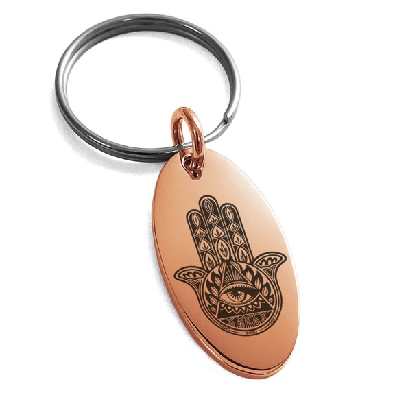 Stainless Steel All Seeing Eye Hamsa Hand of Fatima Engraved Small Oval Charm Keychain Keyring