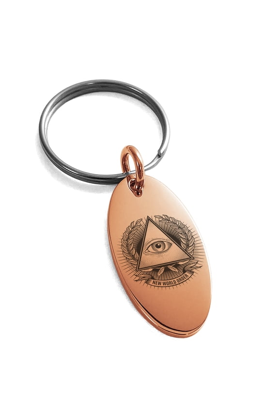 Stainless Steel All Seeing Eye New World Order Engraved Small Oval Charm Keychain Keyring