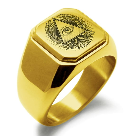 Tioneer Stainless Steel All Seeing Eye New World Order Engraved Square Flat Top Biker Style Polished Signet Ring