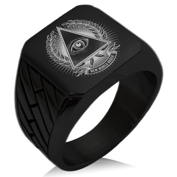 Stainless Steel All Seeing Eye New World Order Geometric Pattern Biker Style Polished Ring