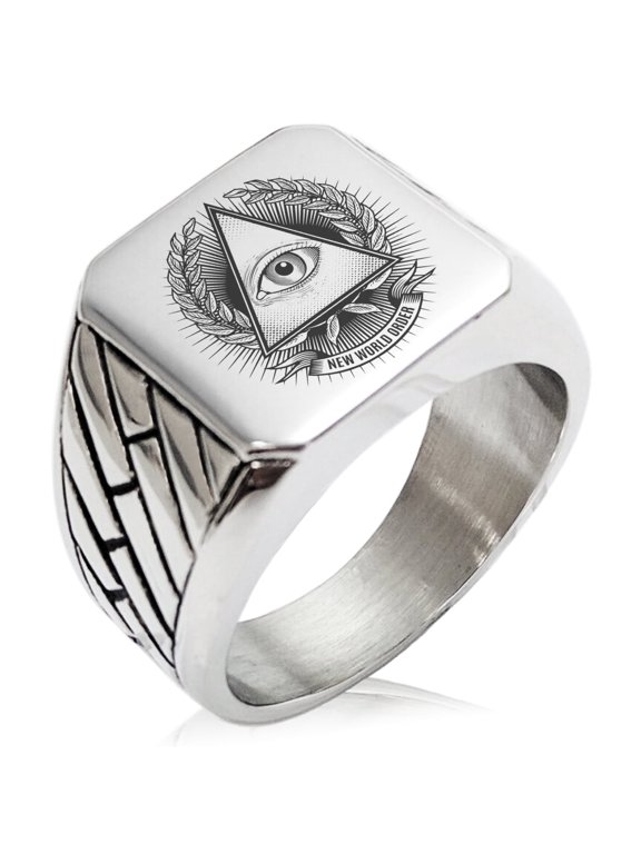 Stainless Steel All Seeing Eye New World Order Geometric Pattern Biker Style Polished Ring