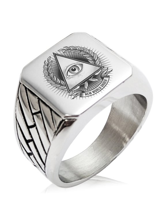 Stainless Steel All Seeing Eye New World Order Geometric Pattern Biker Style Polished Ring