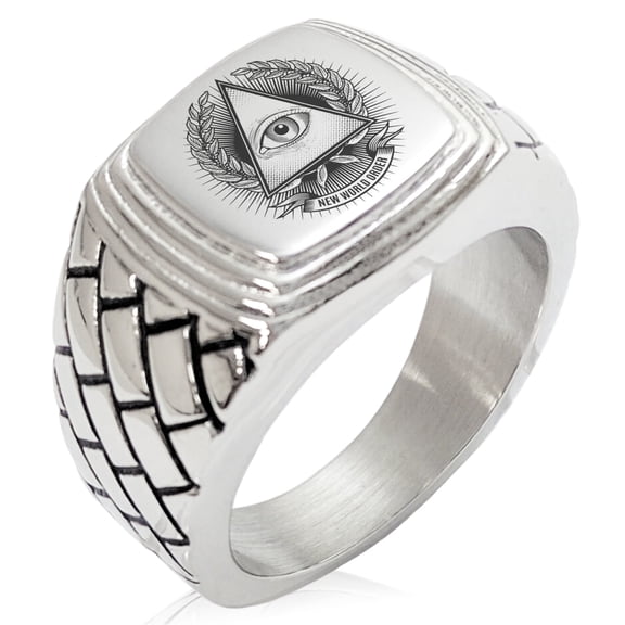 Tioneer Stainless Steel All Seeing Eye New World Order Geometric Pattern Step-Down Biker Style Polished Ring
