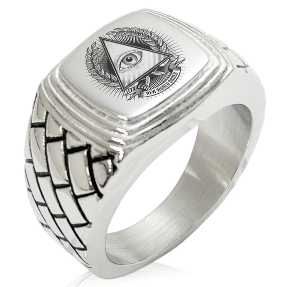 Stainless Steel All Seeing Eye New World Order Geometric Pattern Step-Down Biker Style Polished Ring
