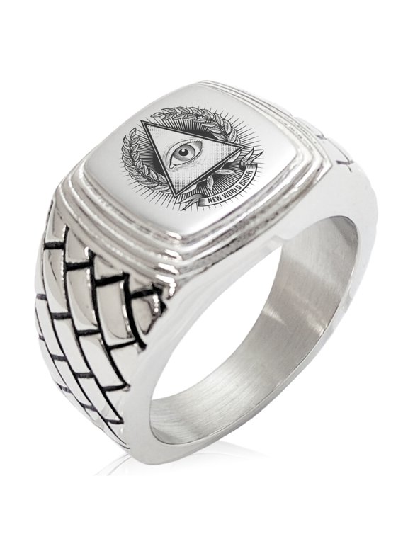 Stainless Steel All Seeing Eye New World Order Geometric Pattern Step-Down Biker Style Polished Ring