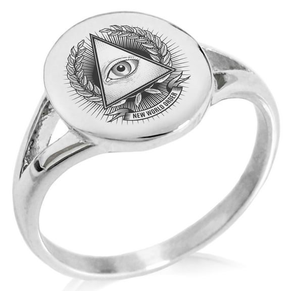 Stainless Steel All Seeing Eye New World Order Minimalist Oval Top Polished Statement Signet Ring