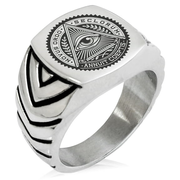 Stainless Steel All Seeing Eye Novus Ordo Seclorum Chevron Pattern Biker Style Polished Ring