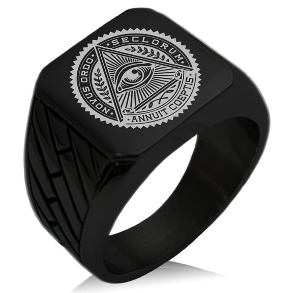 Tioneer Stainless Steel All Seeing Eye Novus Ordo Seclorum Geometric Pattern Biker Style Polished Ring