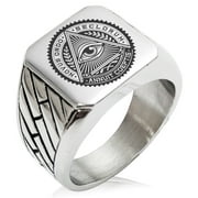 TIONEER Stainless Steel All Seeing Eye Novus Ordo Seclorum Geometric Pattern Biker Style Polished Ring