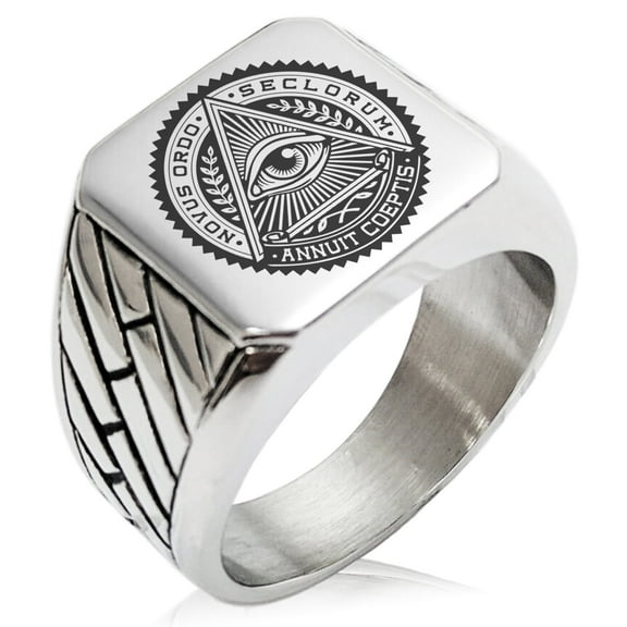 Tioneer Stainless Steel All Seeing Eye Novus Ordo Seclorum Geometric Pattern Biker Style Polished Ring