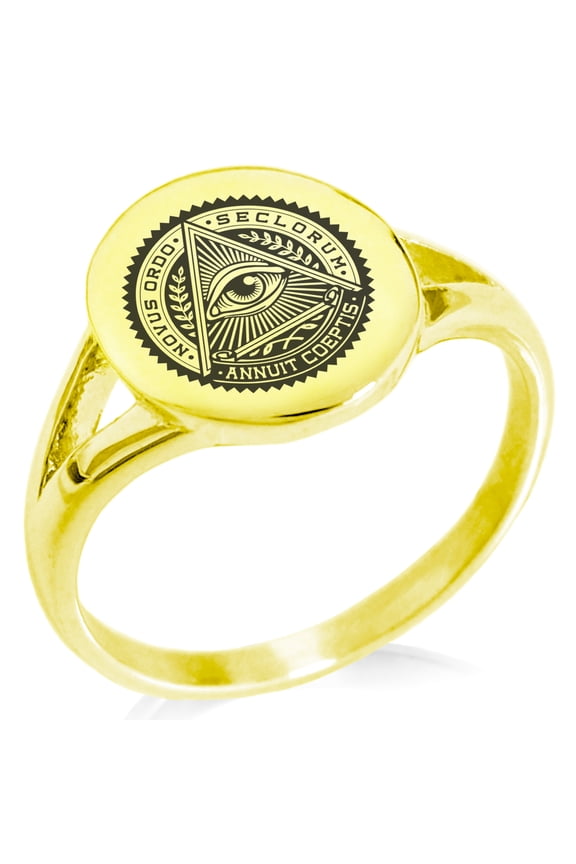 Stainless Steel All Seeing Eye Novus Ordo Seclorum Minimalist Oval Top Polished Statement Signet Ring