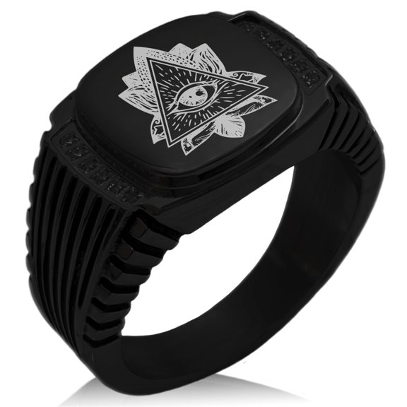 Tioneer Stainless Steel All Seeing Eye Sacred Lotus CZ Ribbed Needle Stripe Pattern Biker Style Polished Ring