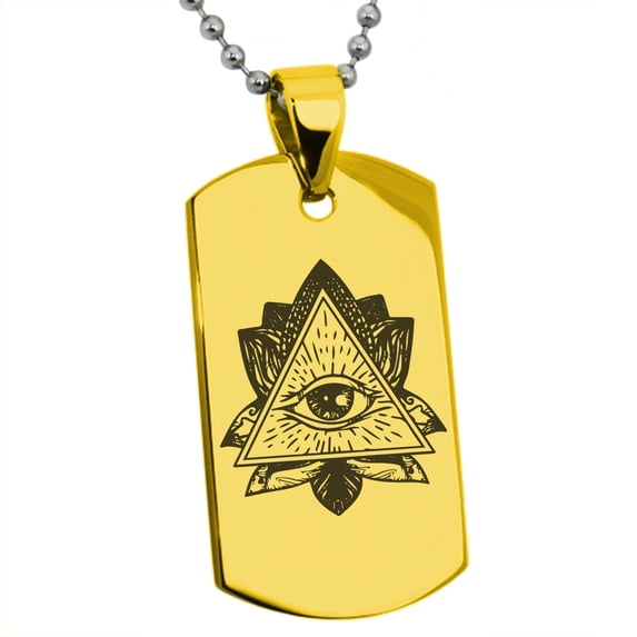 Tioneer Stainless Steel All Seeing Eye Sacred Lotus Engraved Dog Tag Pendant Necklace