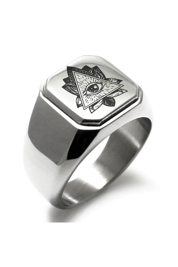 Stainless Steel All Seeing Eye Sacred Lotus Engraved Square Flat Top Biker Style Polished Signet Ring