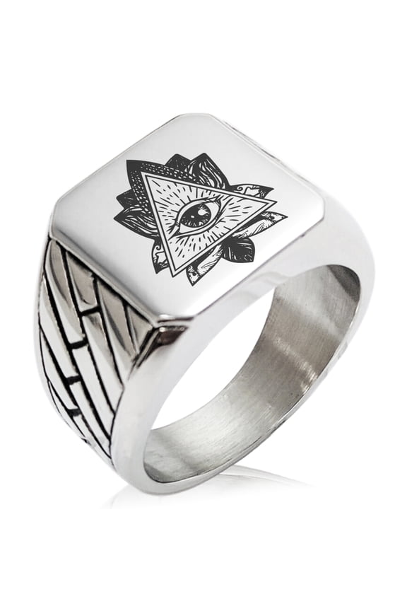 Stainless Steel All Seeing Eye Sacred Lotus Geometric Pattern Biker Style Polished Ring