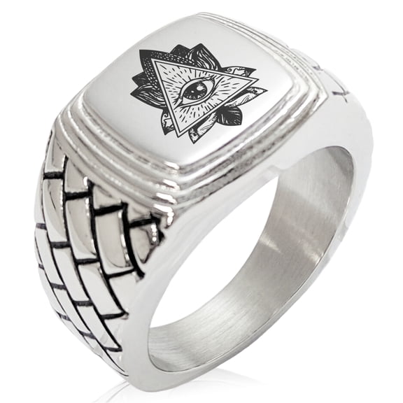 Tioneer Stainless Steel All Seeing Eye Sacred Lotus Geometric Pattern Step-Down Biker Style Polished Ring