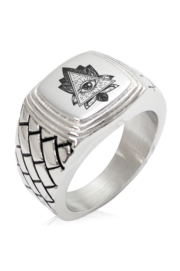 Stainless Steel All Seeing Eye Sacred Lotus Geometric Pattern Step-Down Biker Style Polished Ring