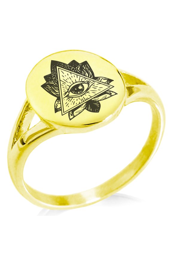 Stainless Steel All Seeing Eye Sacred Lotus Minimalist Oval Top Polished Statement Signet Ring