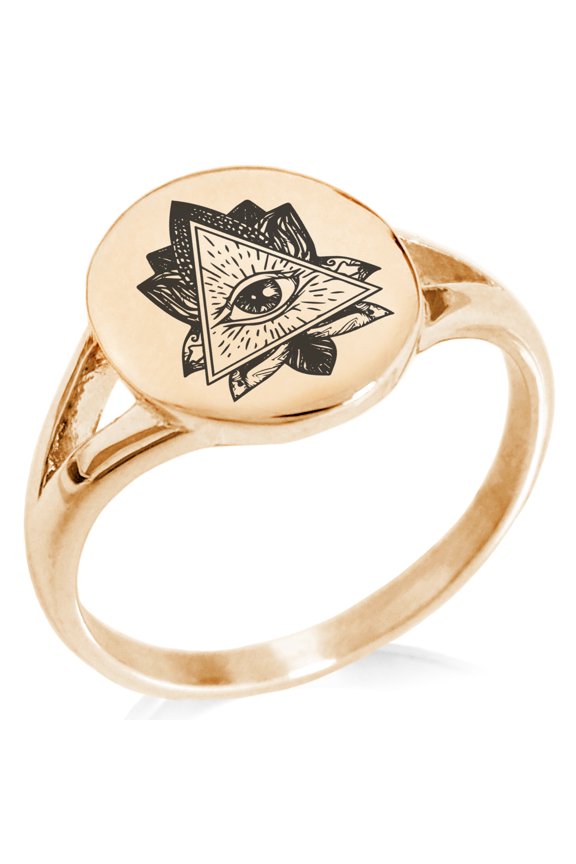 Stainless Steel All Seeing Eye Sacred Lotus Minimalist Oval Top Polished Statement Signet Ring