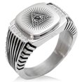 thumbnail image 1 of Tioneer Stainless Steel All Seeing Eye of Providence CZ Ribbed Needle Stripe Pattern Biker Style Polished Ring, 1 of 1