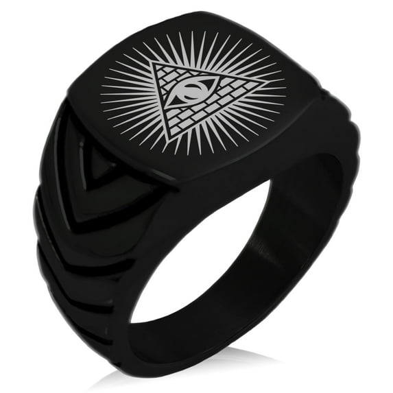 Tioneer Stainless Steel All Seeing Eye of Providence Chevron Pattern Biker Style Polished Ring