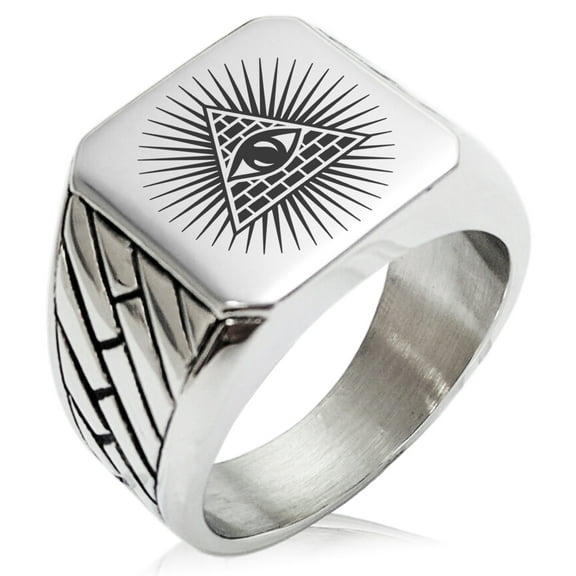 Stainless Steel All Seeing Eye of Providence Geometric Pattern Biker Style Polished Ring