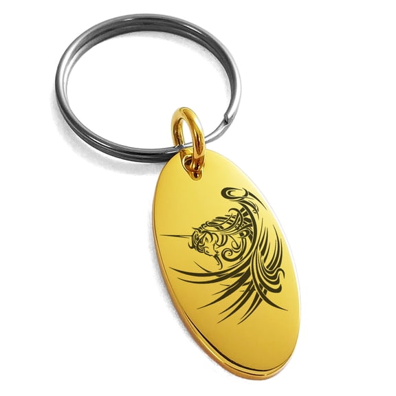 Stainless Steel Almighty Alicorn Engraved Small Oval Charm Keychain Keyring