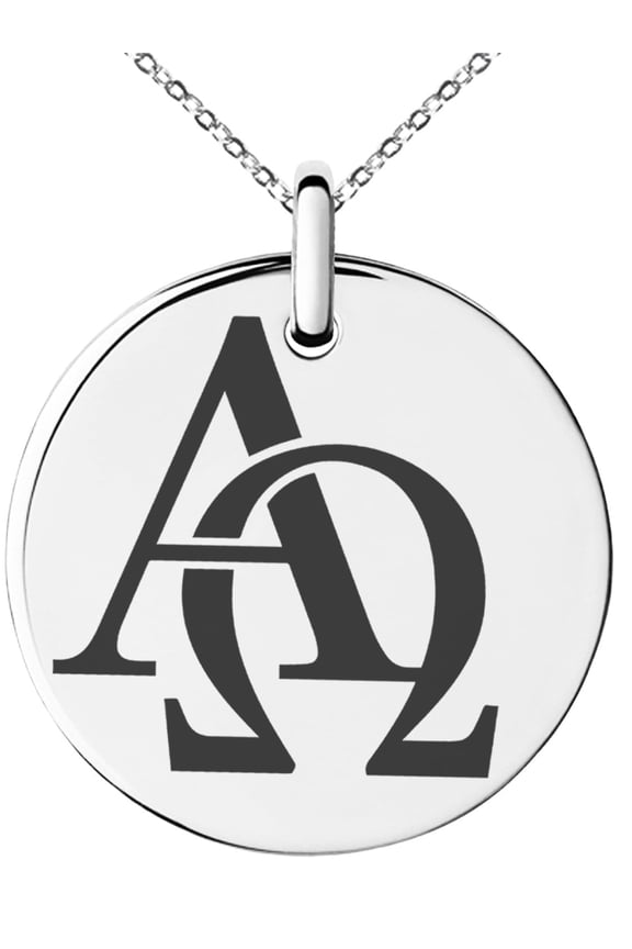 Stainless Steel Alpha & Omega Symbol Engraved Small Medallion Circle Charm Pendant Necklace