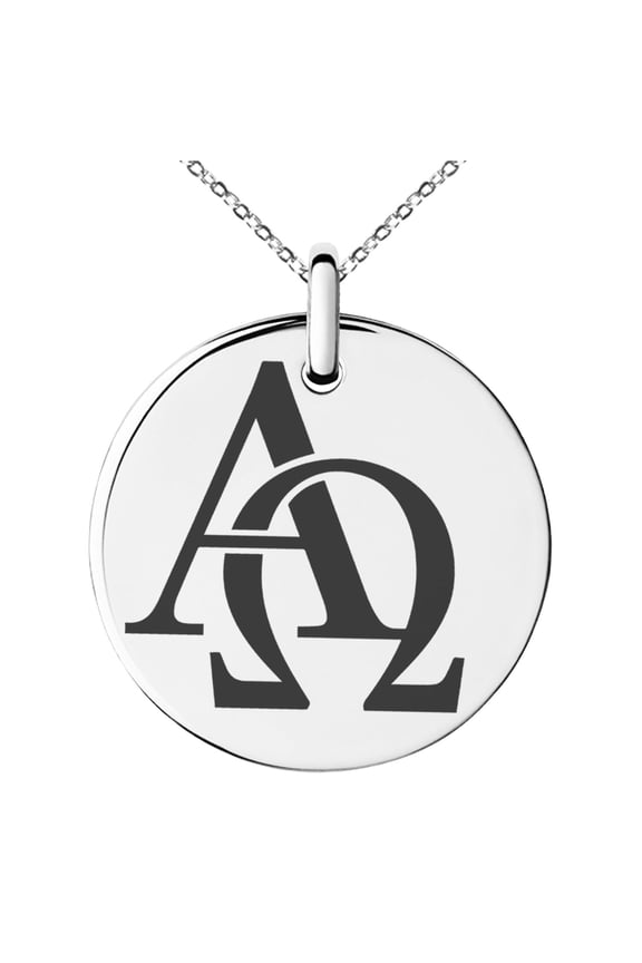 Stainless Steel Alpha & Omega Symbol Engraved Small Medallion Circle Charm Pendant Necklace