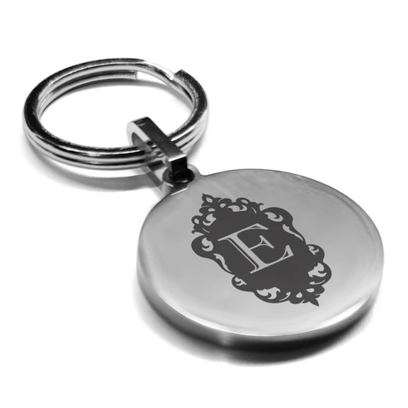 Stainless Steel Alphabet Letter E initial Round Medallion Keychain Circle Ring