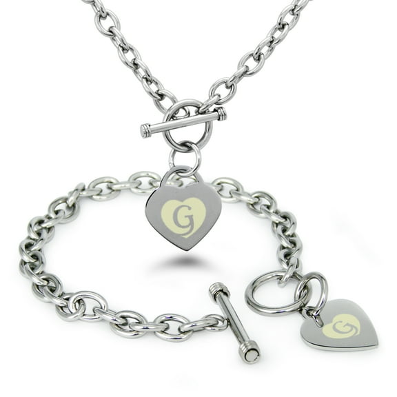 Tioneer Stainless Steel Alphabet Letter G Initial Heart Charm Toggle Bracelet & Necklace