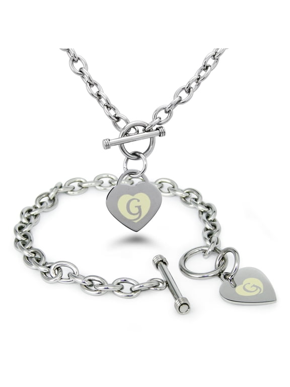 Stainless Steel Alphabet Letter G Initial Heart Charm Toggle Bracelet & Necklace