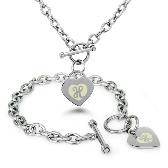 Stainless Steel Alphabet Letter H Initial Heart Charm Toggle Bracelet & Necklace